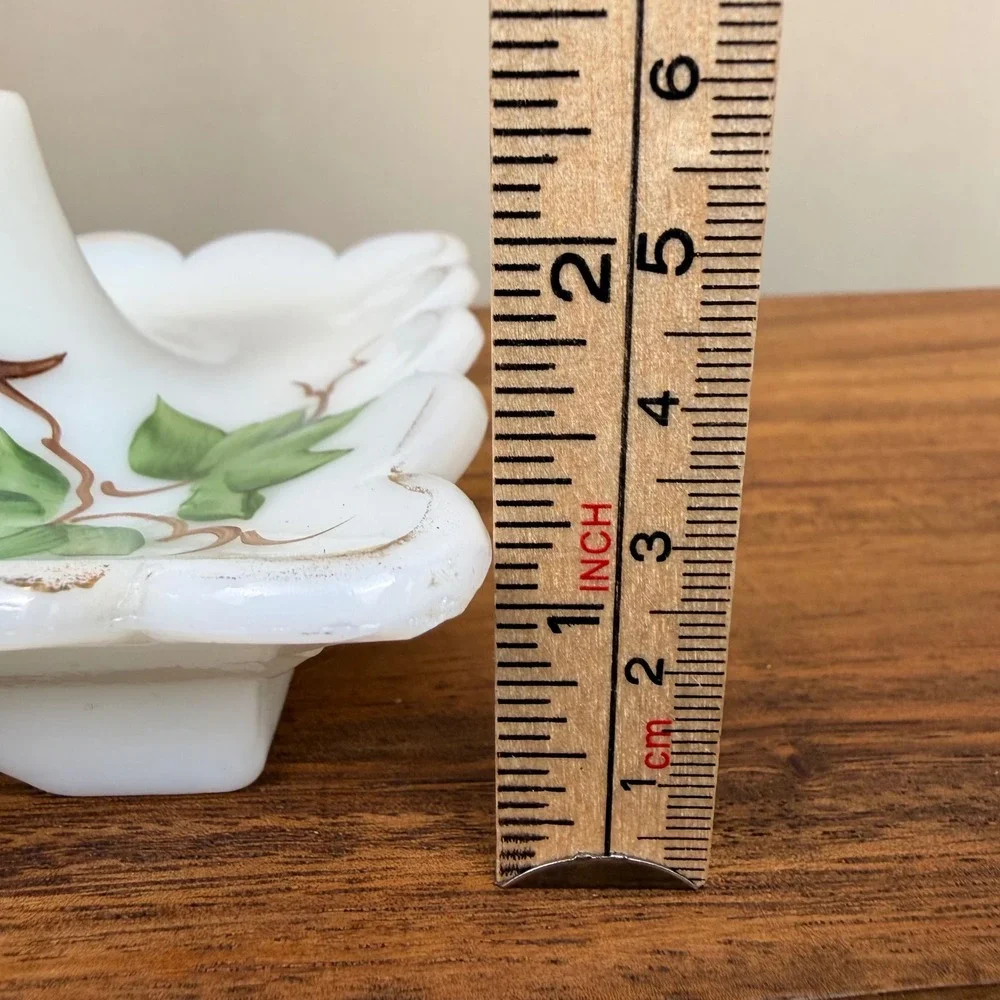 Vintage Milk Glass Hurricane Lamp Base Scalloped Square Ivy Leaf Gold Trim 7in